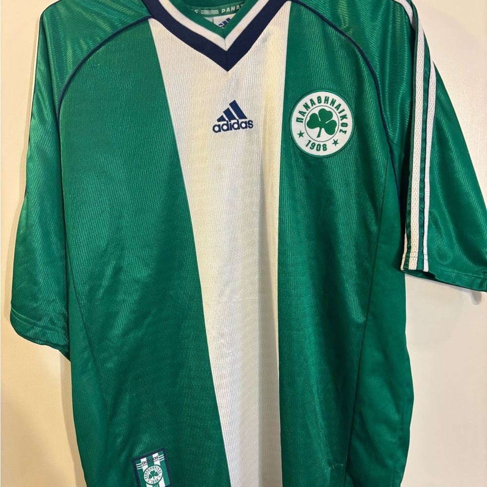 Vintage Panathinaikos adidas Green, White and Navy V-Neck Soccer Jersey size XL
